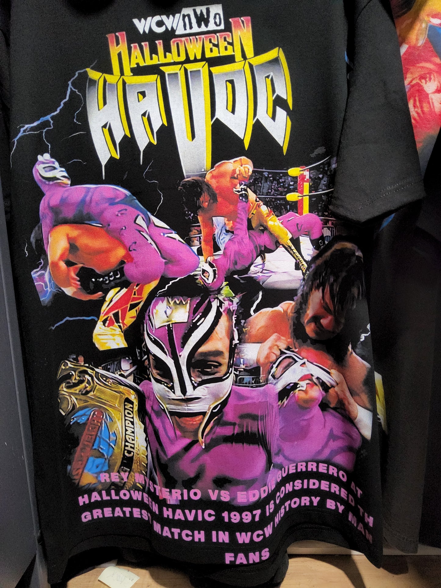 JUMBO PRINT HALLOWEEN HAVOC ON SHAKA HEAVY GARMET DYED T SHIRT WRESTLING