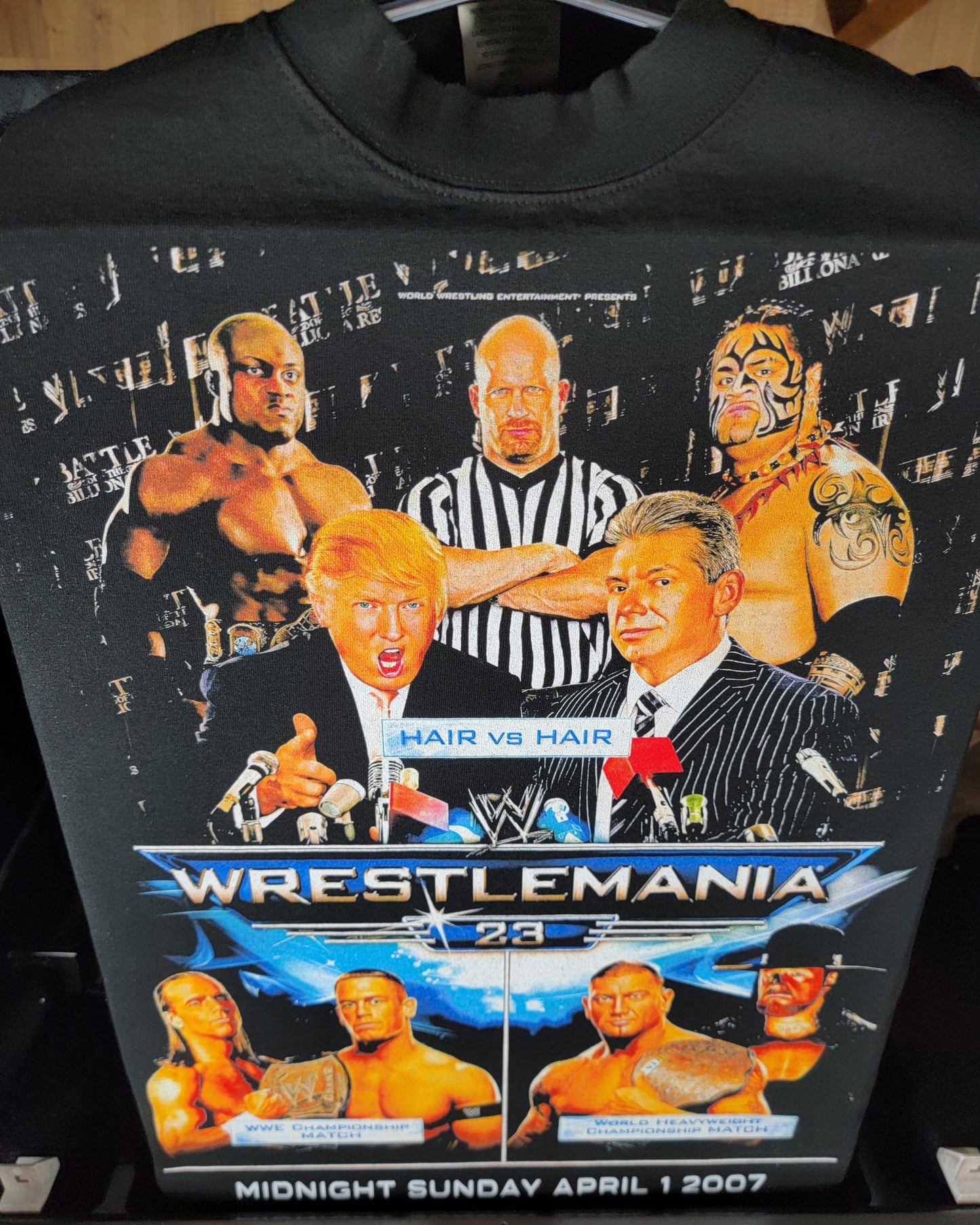 WRESTLEMANIA 23 MCMAHON VS. TRUMP "HAIR VS HAIR" SHAKA HEAVYWEIGHT GARMET DYED T SHIRT "MODERN" WRESTLING