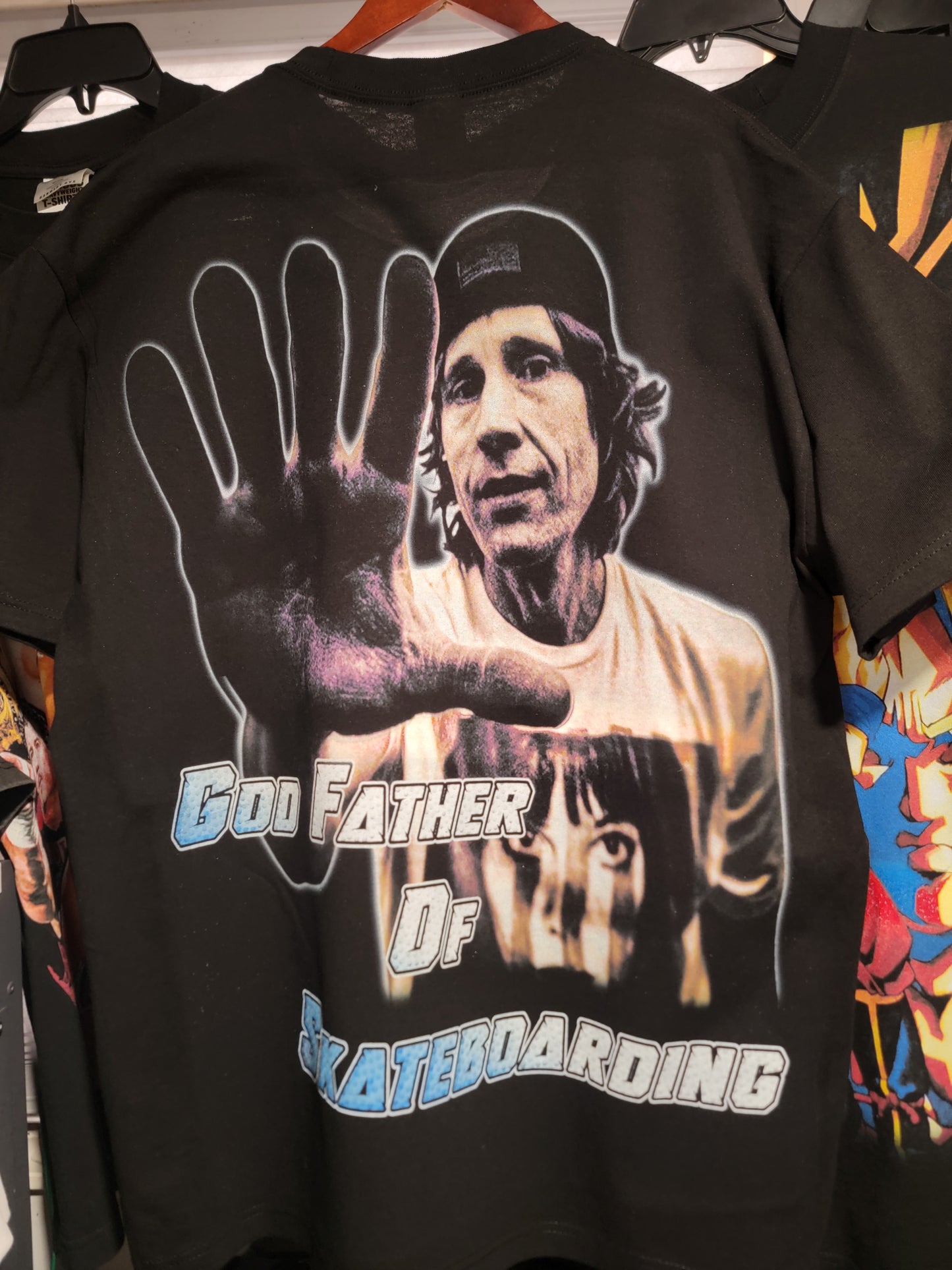 RODNEY MULLEN GOD FATHER OF SKATEBOARDI G ON SHAKA HEAVY GARMET DYED T SHIRT BIG PRINT