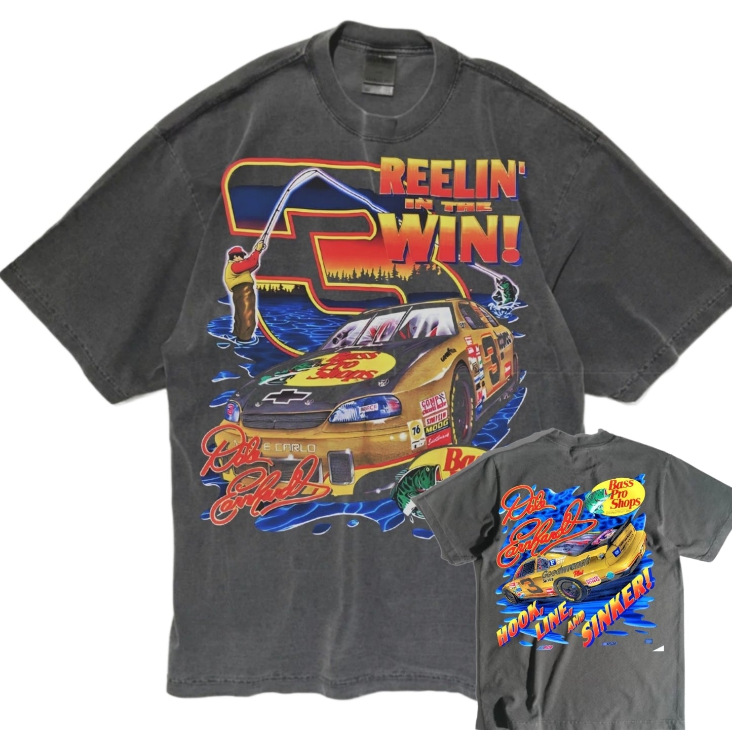 REELIN IN THE WIN DALE EARNHARDT ON SHAKA HEAVYWEIGHT GARMET DYED T SHIRT