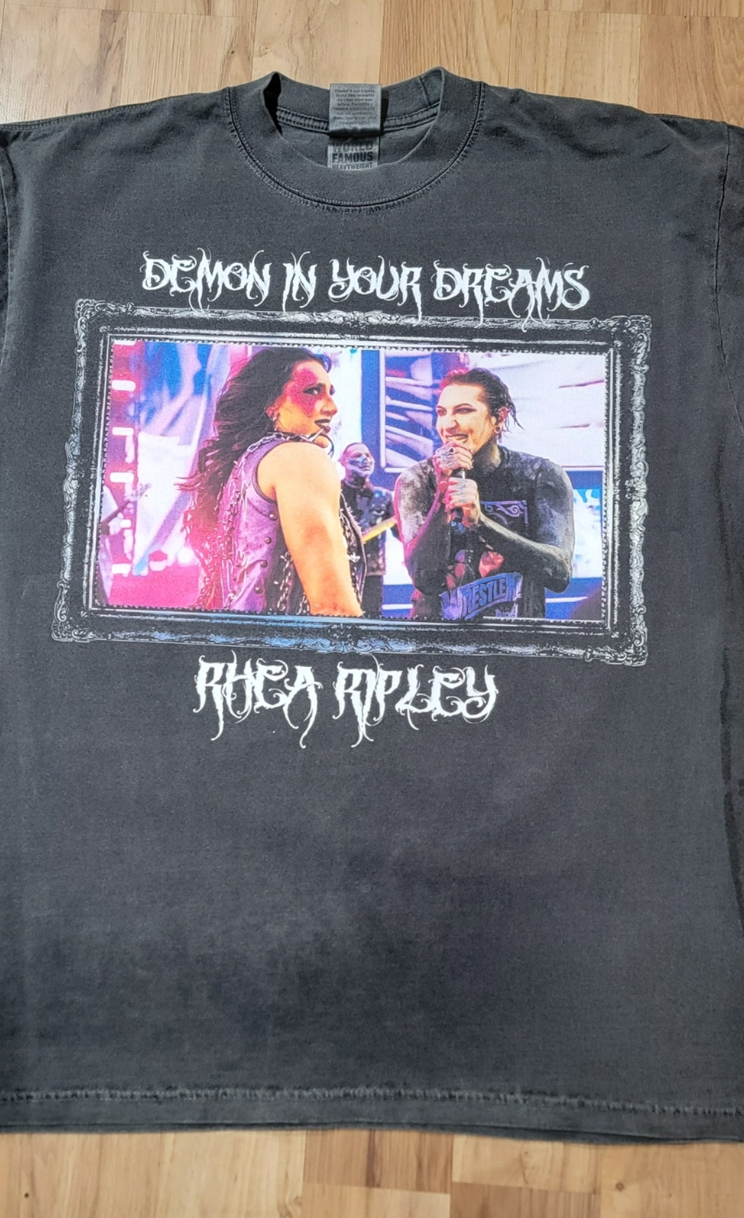 RHEA RIPLEY DEMON IN YOUR DREAMS ON SHAKA HEAVY GARMET DYED T SHIRT WRESTLING