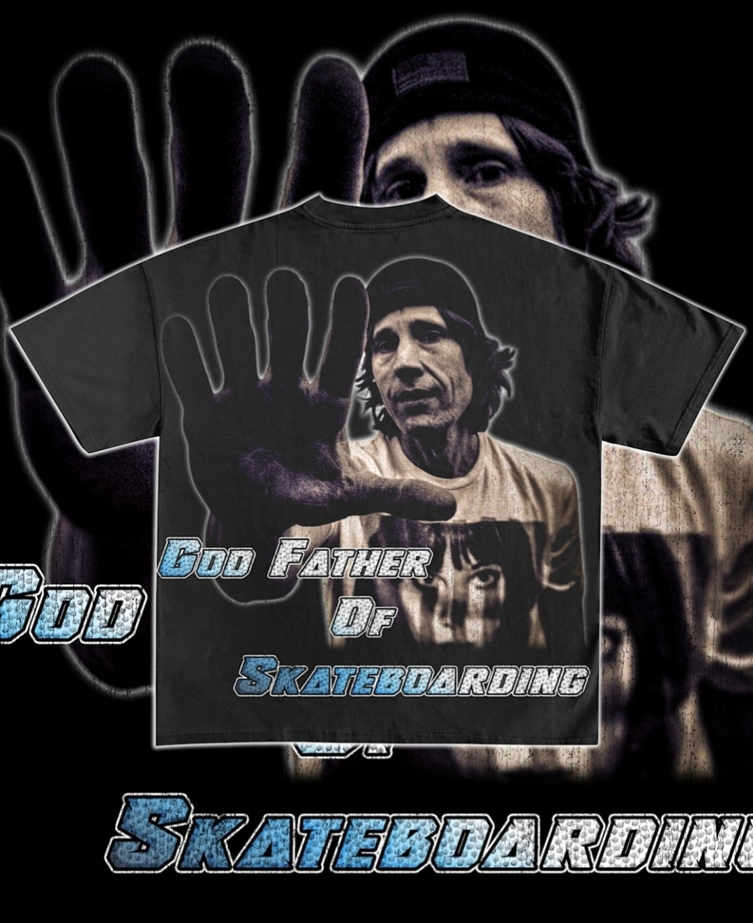 RODNEY MULLEN GOD FATHER OF SKATEBOARDI G ON SHAKA HEAVY GARMET DYED T SHIRT BIG PRINT