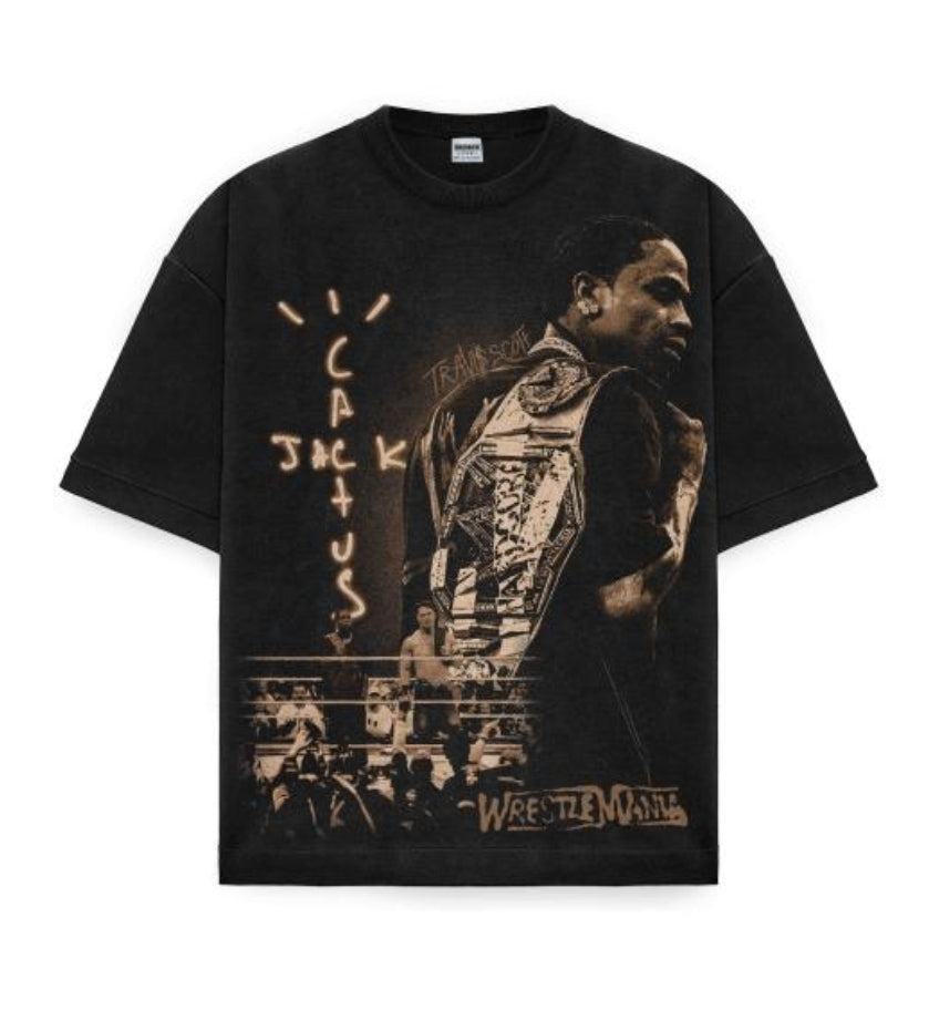 TRAVIS SCOTT CACTUS JACK WRESTLEMANIA ON SHAKA HEAVYWEIGHT GARMET DYED T SHIRT WRESTLING