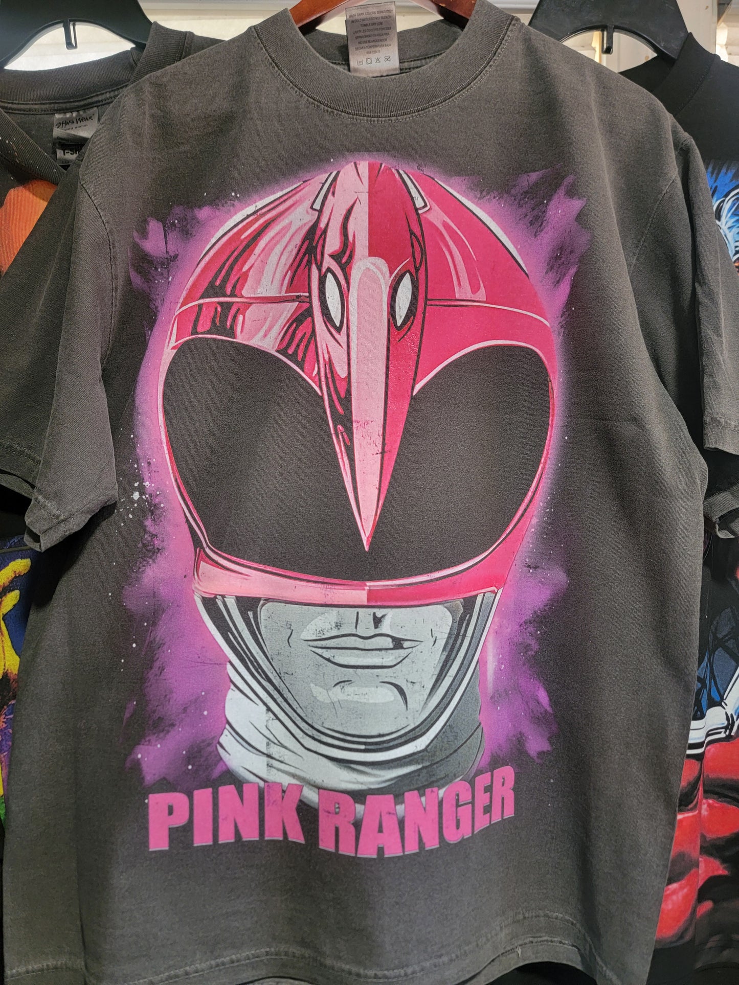 PINK RANGER ON SHAKA HEAVYWEIGHT GARMET DYED T SHIRT ( POWER RANGERS