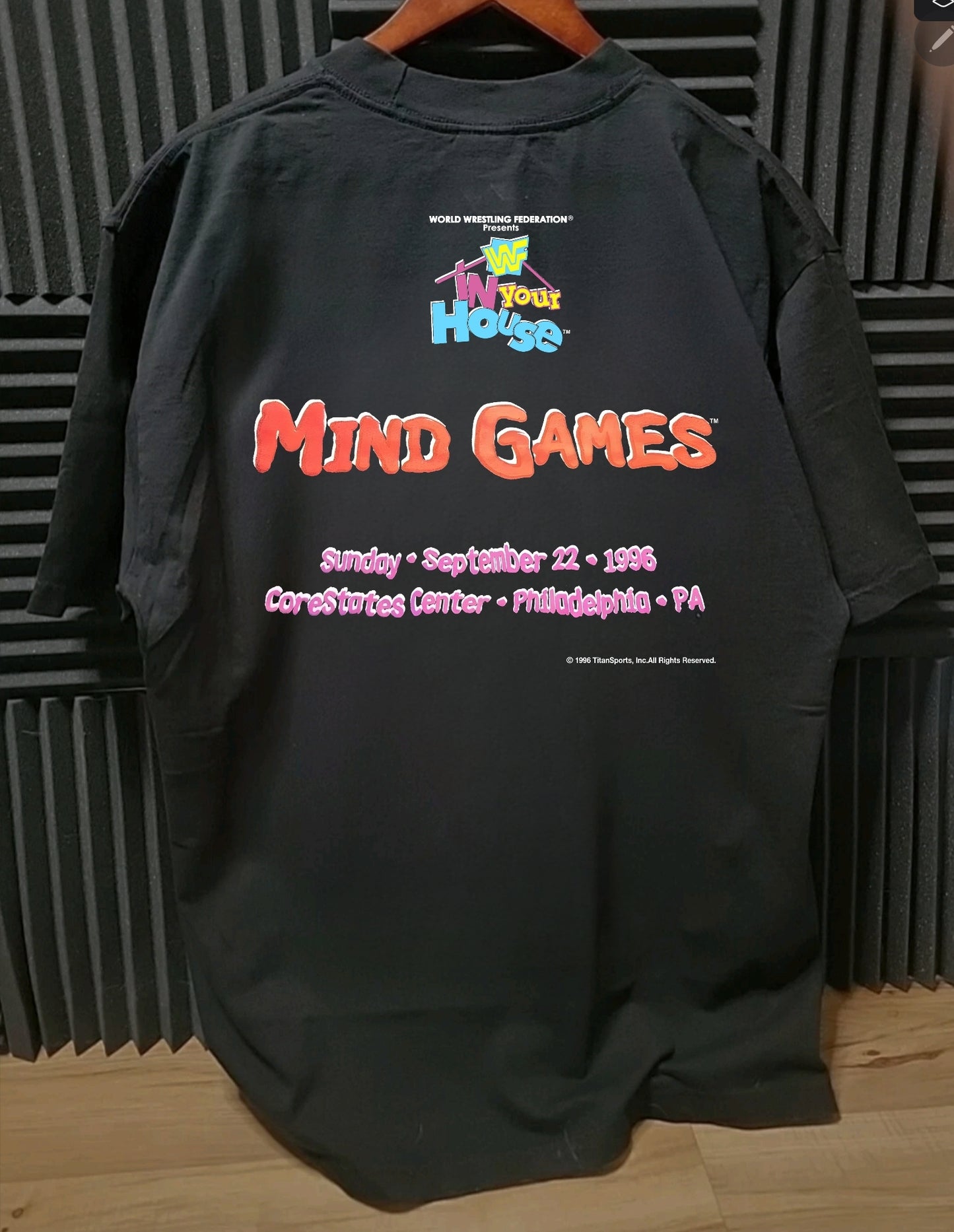 MIND GAMES WWF IN YOUR HOUSE ON SHAKA HEAVYWEIGHT GARMETDYEDTSHIRT "wrestling