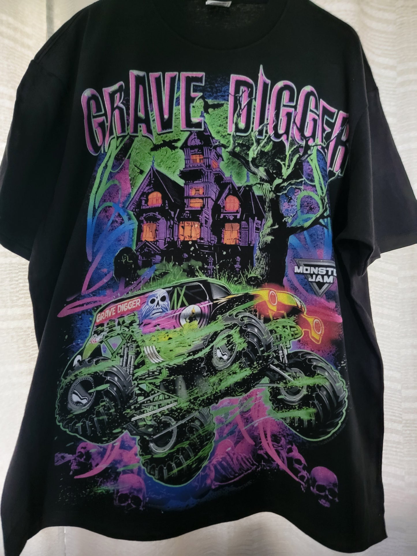 Grave Digger Monster Jam on a Shaka heavyweight garment dyed T shirt