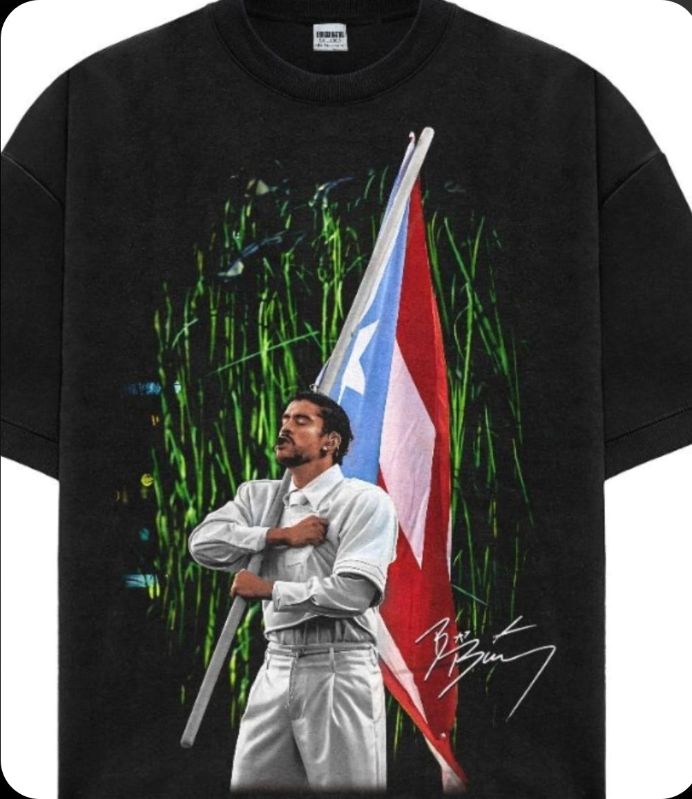 BAD BUNNY SUPERBOWL WITH FLAG on shaka heavyweight garmet dyed t shirt