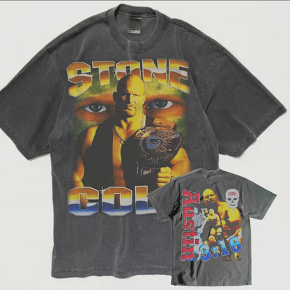 STONE COLD ON SHAKA HEAVYWEIGHT GARMET DYED T SHIRT "MODERN WRESTLING
