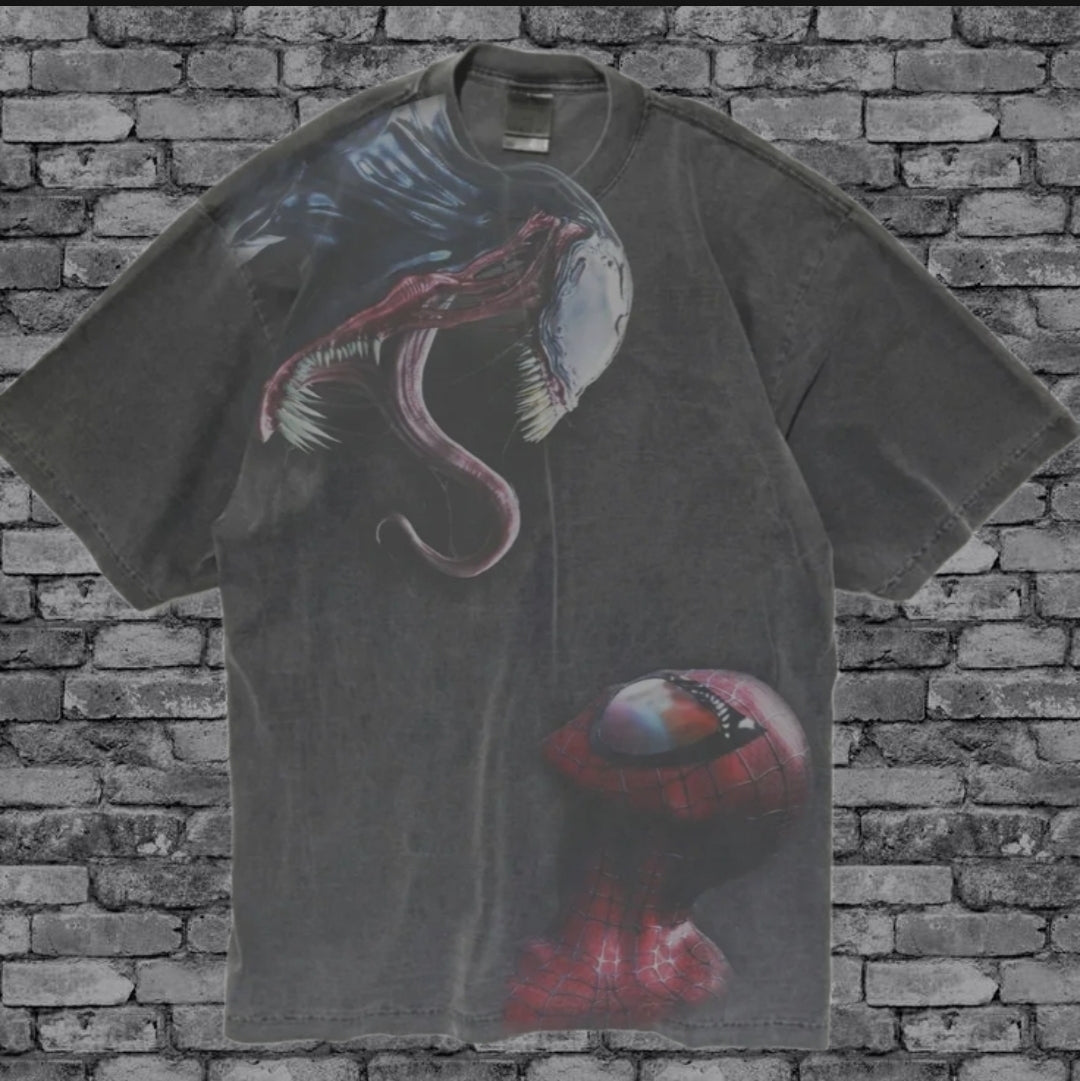 VENOM VS SPIDERMAN ON A SHAKA HEAVYWEIGHT GARMET DYED T SHIRT "MODERN"