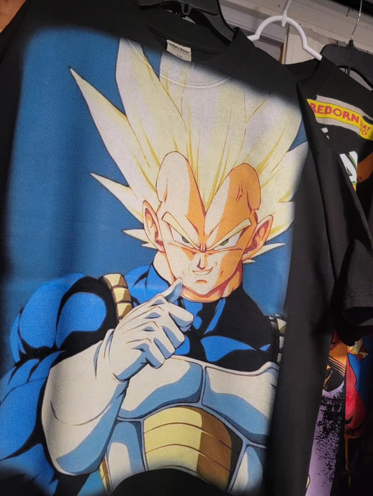 JUMBO PRINT DRAGON BALL Z VEGETA SMIRK ON SHAKA HEAVYWEIGHT GARMET DYED T SHIRT