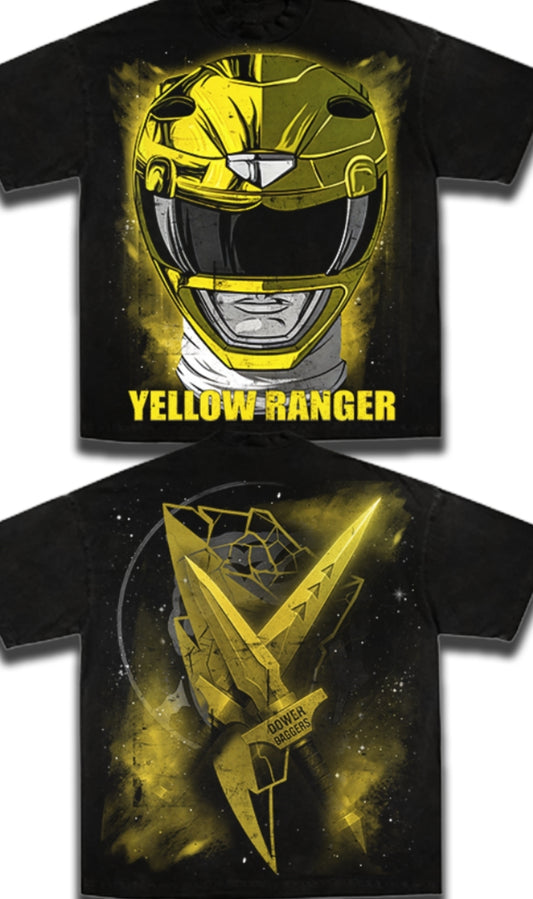 YELLOW RANGER ON SHAKA HEAVYWEIGHT GARMET DYED T SHIRT ( POWER RANGERS
