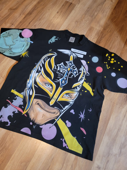 REY MYSTERIO AOP (FRONT BACK)ON SHAKA HEAVYWEIGHT GARMET DYED T SHIRT (WRESTLING