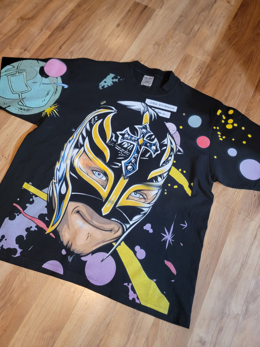 REY MYSTERIO AOP (FRONT ONLY)ON SHAKA HEAVYWEIGHT GARMET DYED T SHIRT (WRESTLING