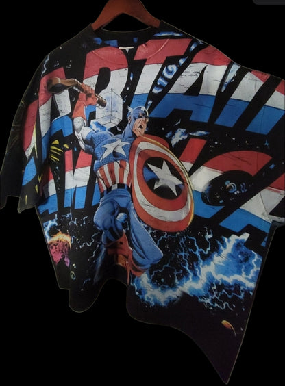 CAPTIN AMERICA AOP (FRONT ONLY)ON SHAKA HEAVYWEIGHT GARMET DYED T SHIRT