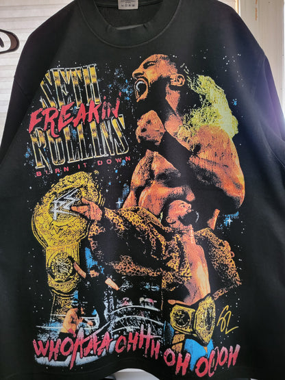 SETH FREAKIN ROLLINS BURN IT DOWN VNTG STYLE T SHIRT ON SHAKA SUPERMAX HEAVYWEIGHT GARMET DYED T SHIRT "MODERN" WRESTLING