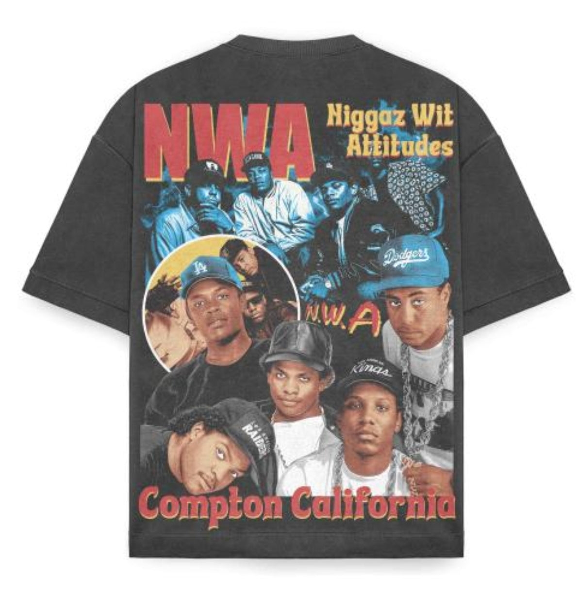 NWA ON SHAKA HEAVYWEIGHT GARMET DYED T SHIRT, Big print (FRONT & Back)