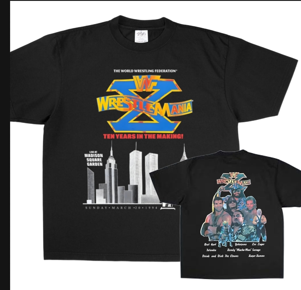 WRESTLEMANIA X MADISON SQUARE GARDEN TWIN TOWERS! 1994 REPRINT ON SHAKA HEAVYWEIGHT GARMET DYED T SHIRT "wrestling