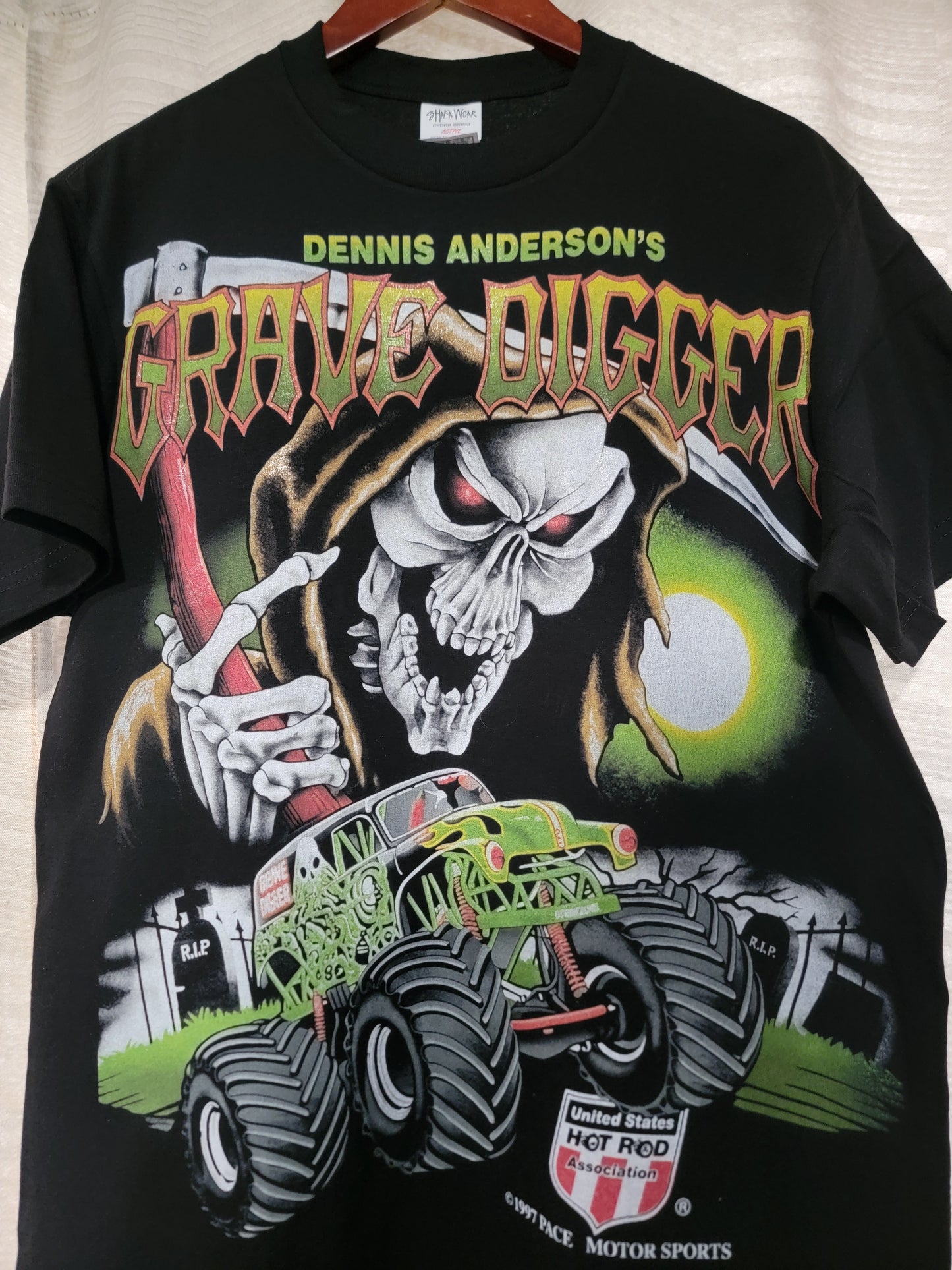 Grave Digger on a Shaka heavyweight garment dyed T shirt