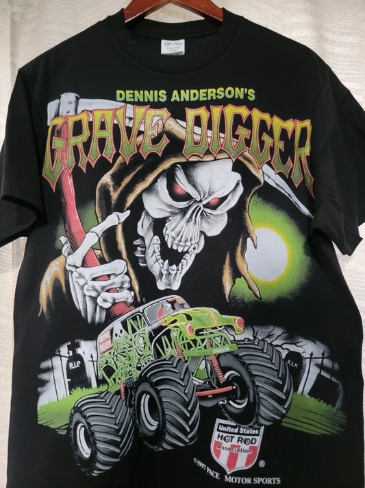 Grave Digger on a Shaka heavyweight garment dyed T shirt