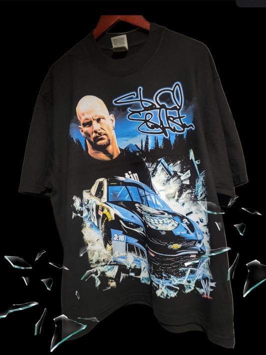 STONE COLD WWF RACING ON SHAKA HEAVYWEIGHT GARMET DYED T SHIRT WRESTLING