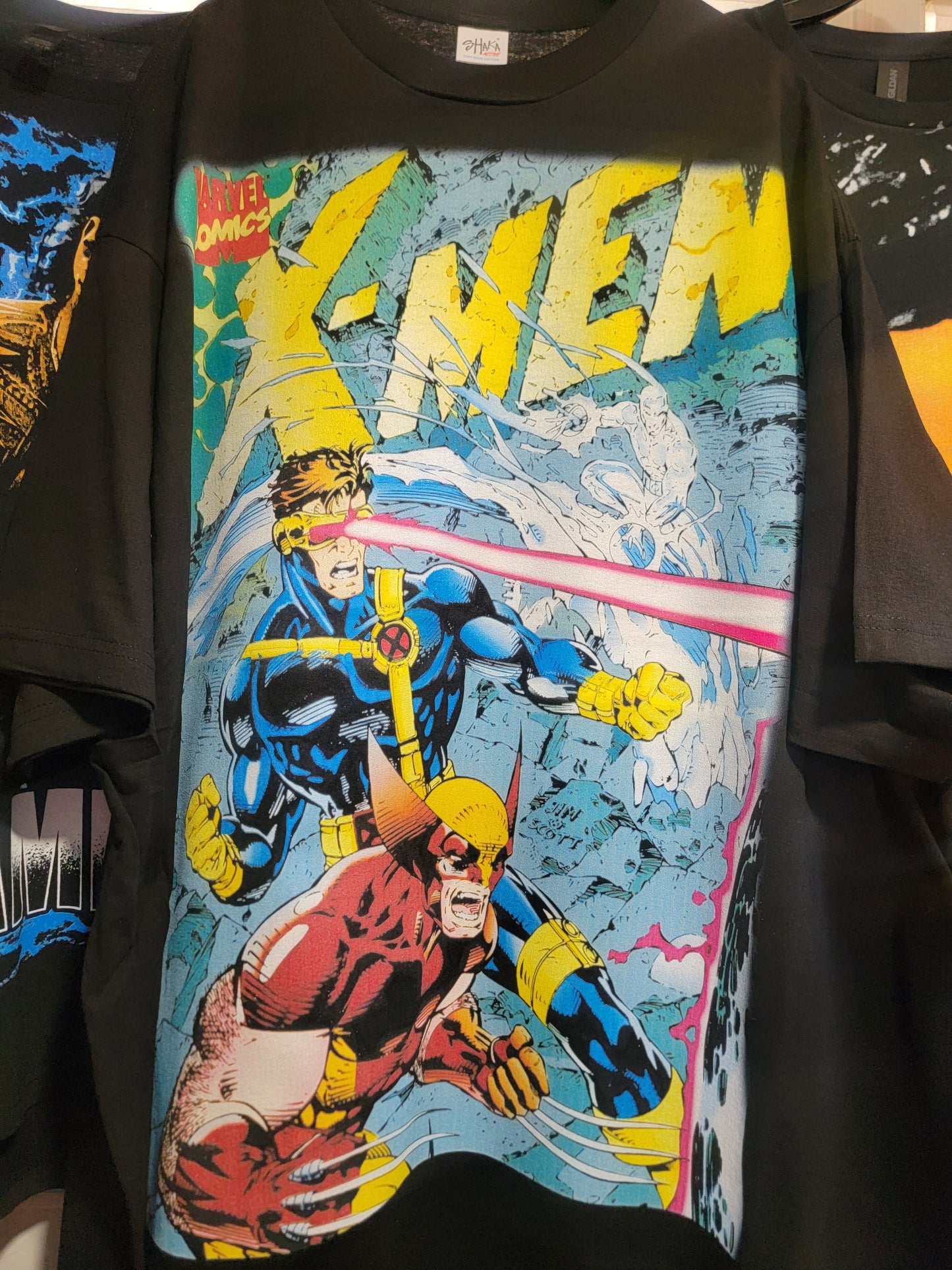 X MEN WOLVERINE CYCLOPS ON SHAKA HEAVYWEIGHT GARMET DYED T SHIRT
