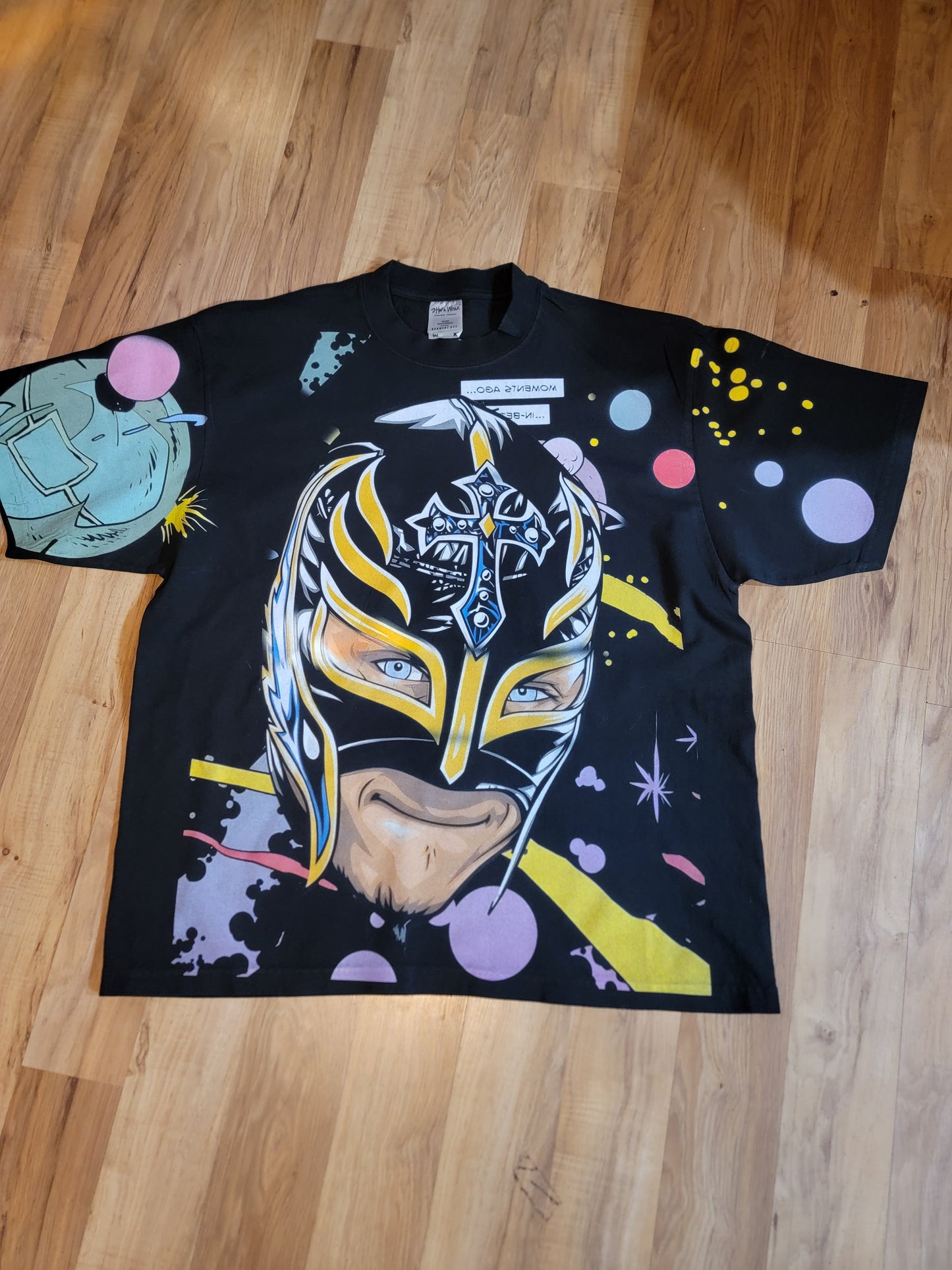 REY MYSTERIO AOP (FRONT BACK)ON SHAKA HEAVYWEIGHT GARMET DYED T SHIRT (WRESTLING