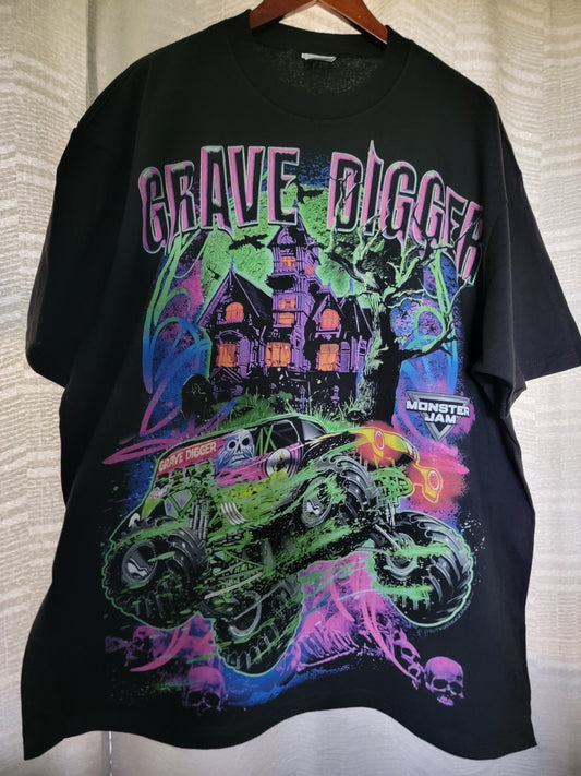 Grave Digger Monster Jam on a Shaka heavyweight garment dyed T shirt