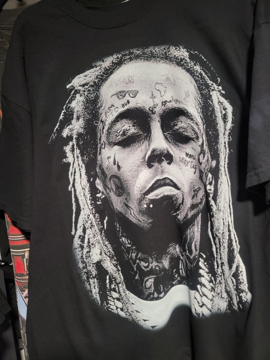 LIL WAYNE BIG FACE Black and white ON SHAKA HEAVYWEIGHT GARMET DYED T SHIRT