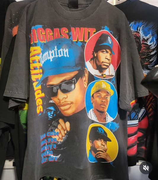 NWA ON SHAKA HEAVYWEIGHT GARMET DYED T SHIRT, Big print (FRONT ONLY)