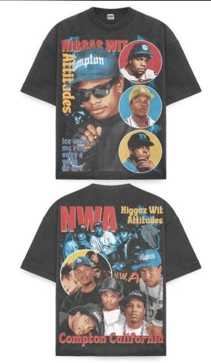 NWA ON SHAKA HEAVYWEIGHT GARMET DYED T SHIRT, Big print (FRONT & Back)