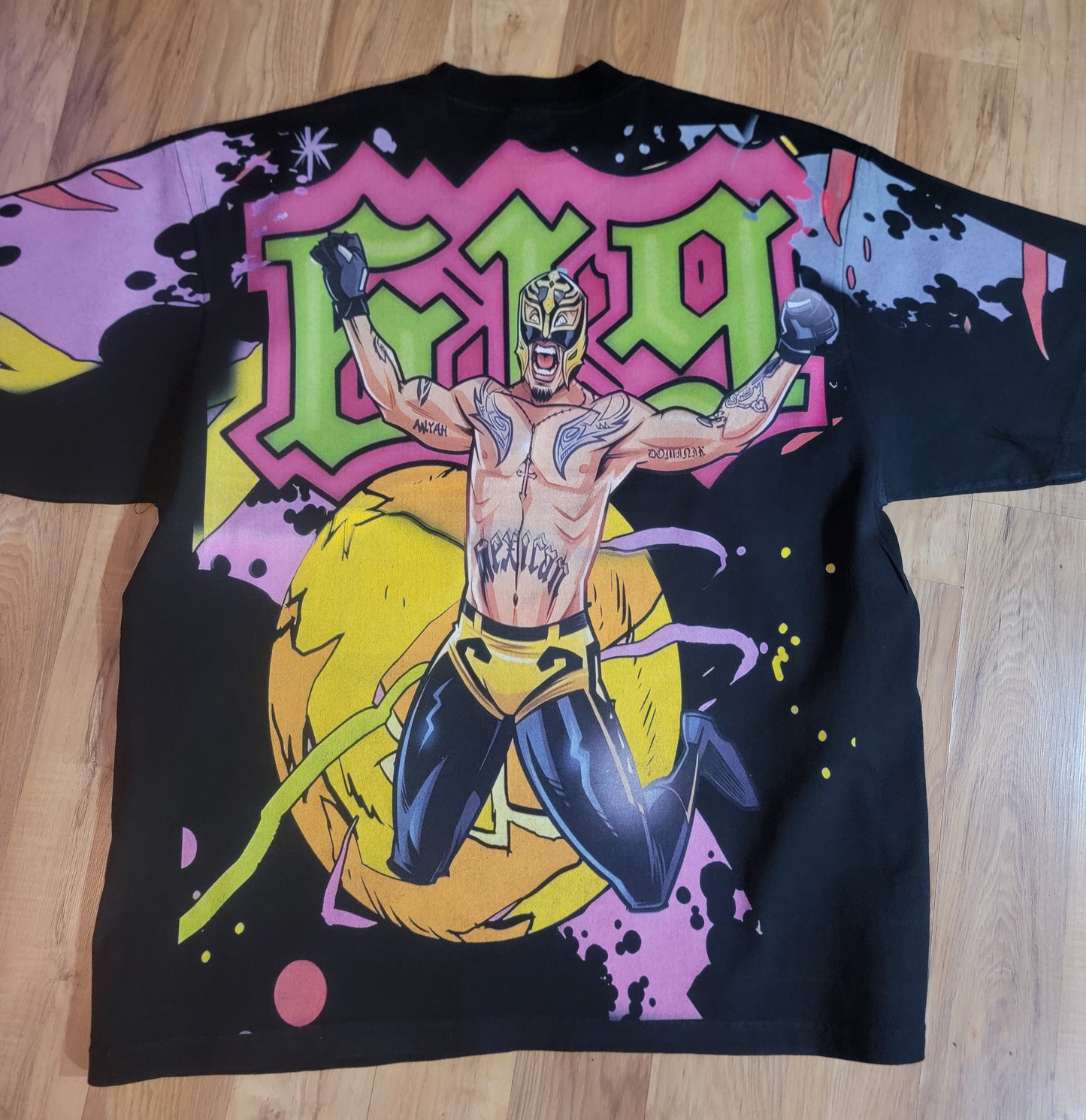 REY MYSTERIO AOP (FRONT BACK)ON SHAKA HEAVYWEIGHT GARMET DYED T SHIRT (WRESTLING
