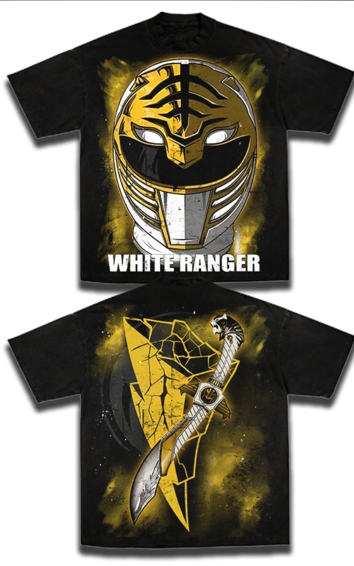 WHITE RANGER ON SHAKA HEAVYWEIGHT GARMET DYED T SHIRT ( POWER RANGERS