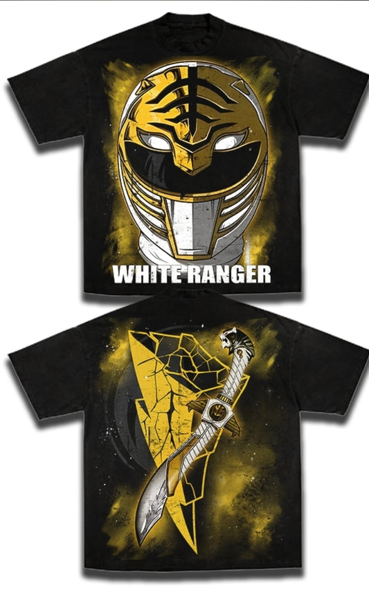 WHITE RANGER ON SHAKA HEAVYWEIGHT GARMET DYED T SHIRT ( POWER RANGERS