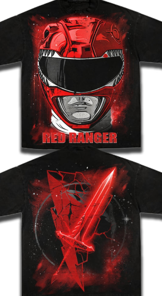 RED RANGER  ON SHAKA HEAVYWEIGHT GARMET DYED T SHIRT(POWER RANGERS