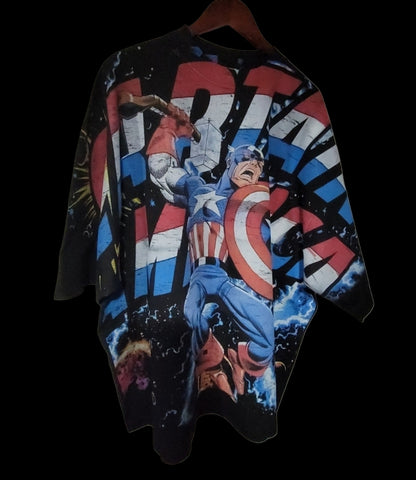 CAPTIN AMERICA AOP (FRONT ONLY)ON SHAKA HEAVYWEIGHT GARMET DYED T SHIRT