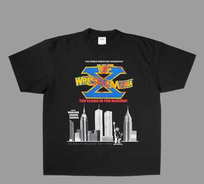 WRESTLEMANIA X MADISON SQUARE GARDEN TWIN TOWERS! 1994 REPRINT ON SHAKA HEAVYWEIGHT GARMET DYED T SHIRT "wrestling