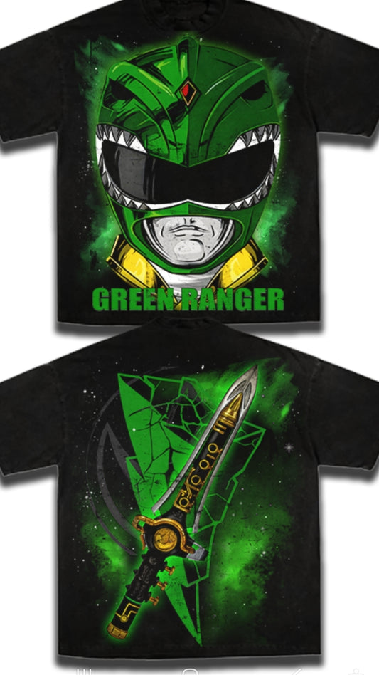GREEN  RANGER ON SHAKA HEAVYWEIGHT GARMET DYED T SHIRT ( POWER RANGERS