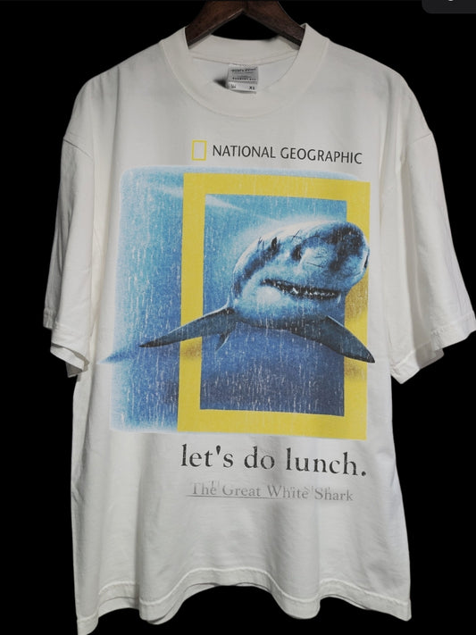 2000s National Geographic Great White Shark Aged T-Shirt White