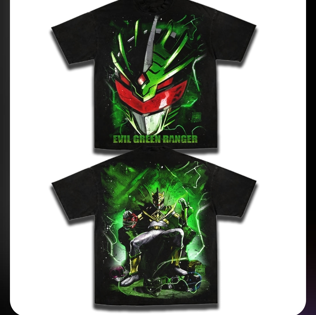 EVIL GREEN RANGER ON SHAKA HEAVYWEIGHT GARMET DYED T SHIRT ( POWER RANGERS
