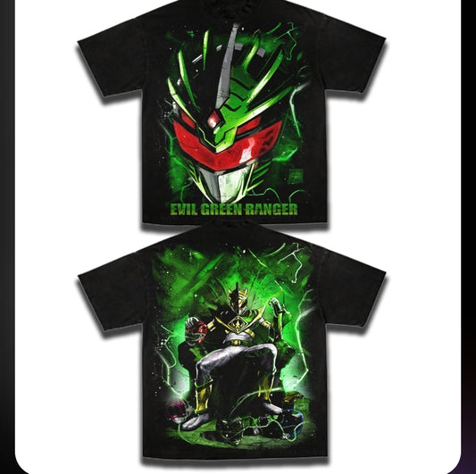 EVIL GREEN RANGER ON SHAKA HEAVYWEIGHT GARMET DYED T SHIRT ( POWER RANGERS
