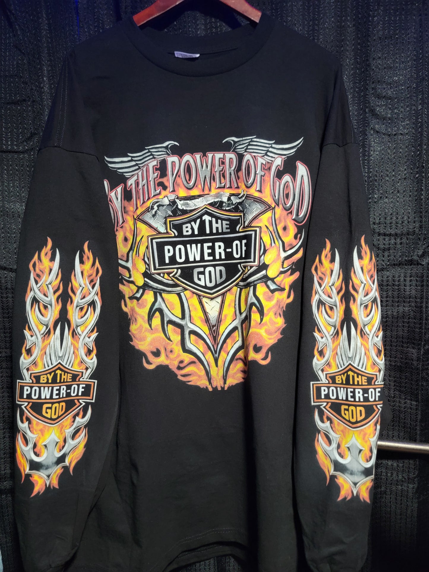 BY THE POWER OF GOD  LONGSLEEVE ON SHAKA HEAVYWEIGHT GARMET DYED T SHIRT