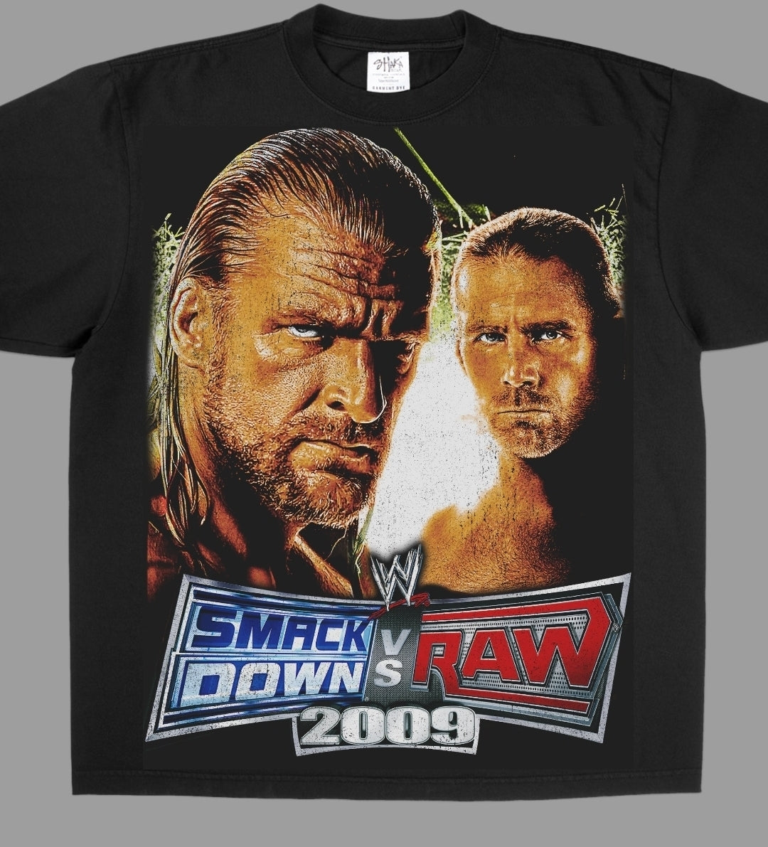 SMACKDOWN VS RAW 2009 ON SHAKA HEAVYWEIGHT GARMET DYED T SHIRT WRESTLING