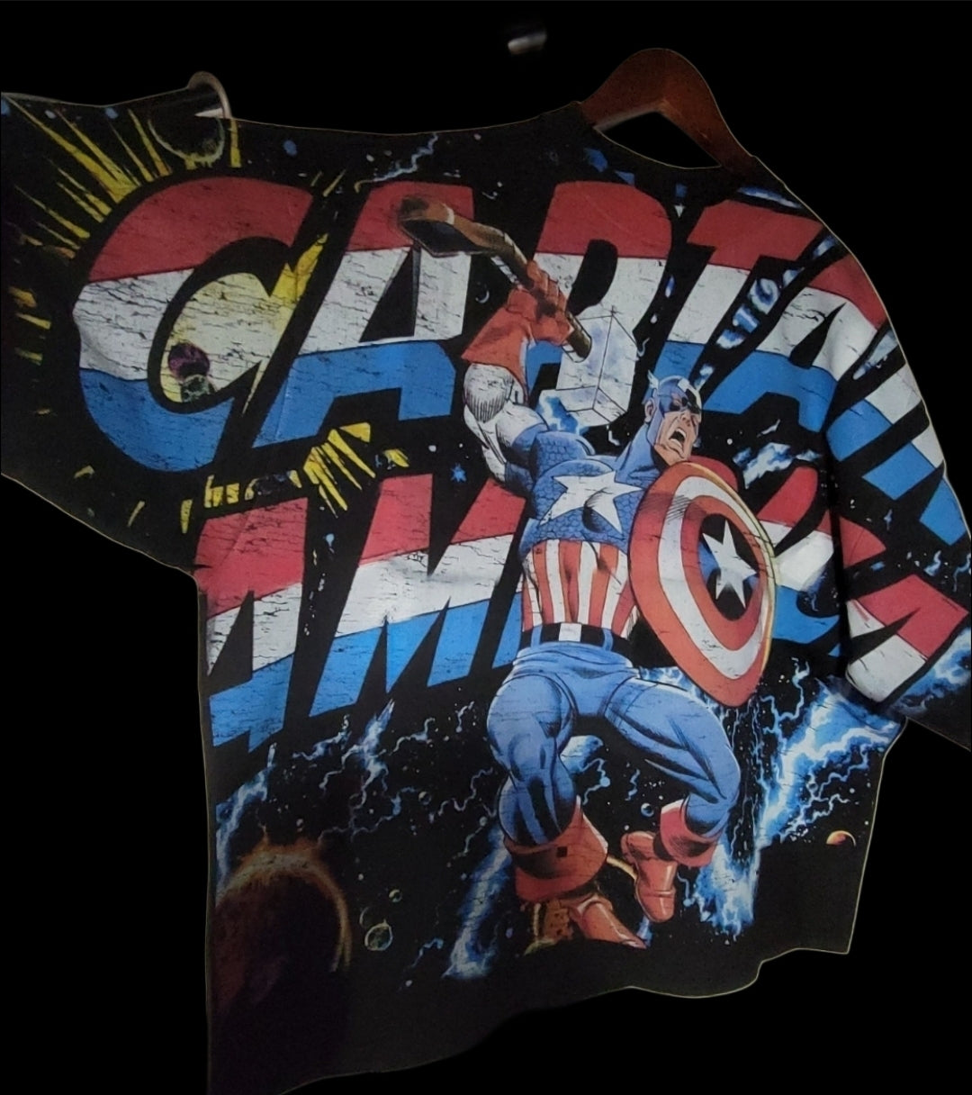CAPTIN AMERICA AOP (FRONT ONLY)ON SHAKA HEAVYWEIGHT GARMET DYED T SHIRT