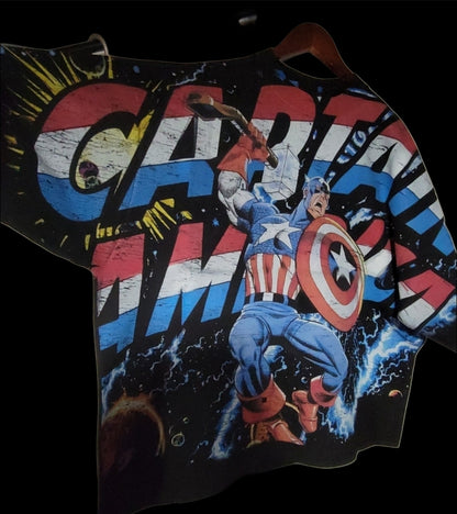 CAPTIN AMERICA AOP (FRONT ONLY)ON SHAKA HEAVYWEIGHT GARMET DYED T SHIRT