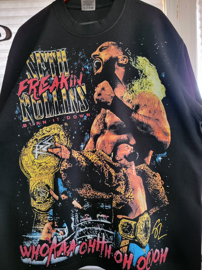 SETH FREAKIN ROLLINS BURN IT DOWN VNTG STYLE T SHIRT ON SHAKA SUPERMAX HEAVYWEIGHT GARMET DYED T SHIRT "MODERN" WRESTLING