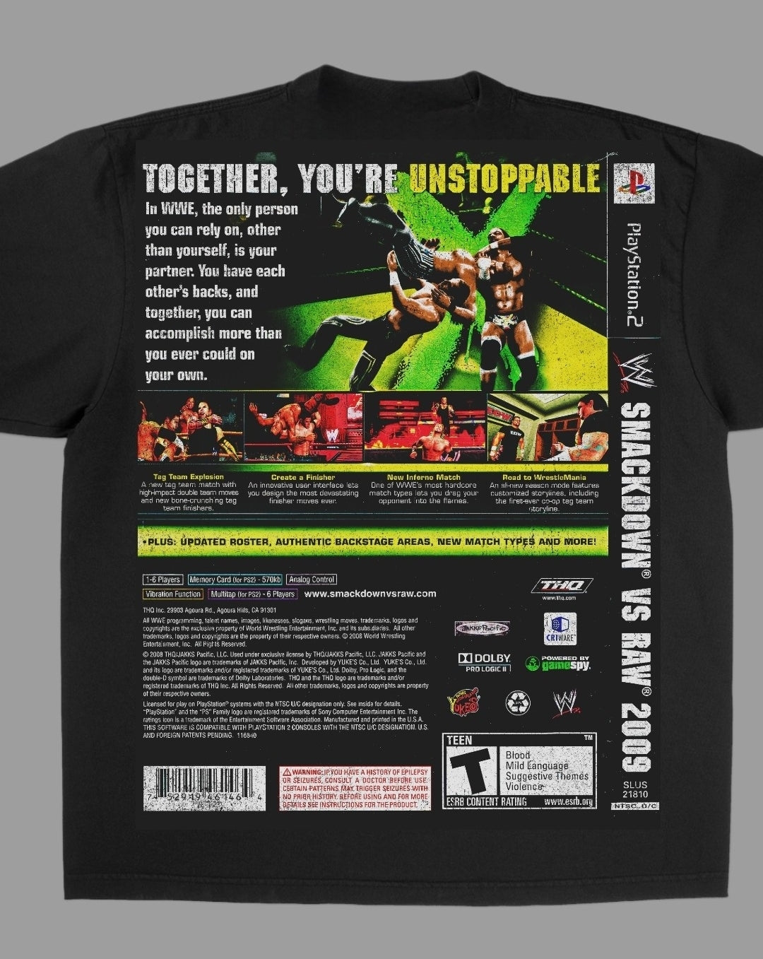 SMACKDOWN VS RAW 2009 ON SHAKA HEAVYWEIGHT GARMET DYED T SHIRT WRESTLING