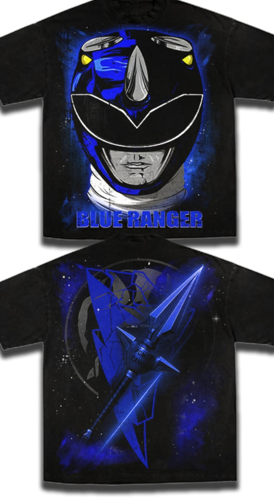 BLUE RANGER ON SHAKA HEAVYWEIGHT GARMET DYED T SHIRT ( POWER RANGERS