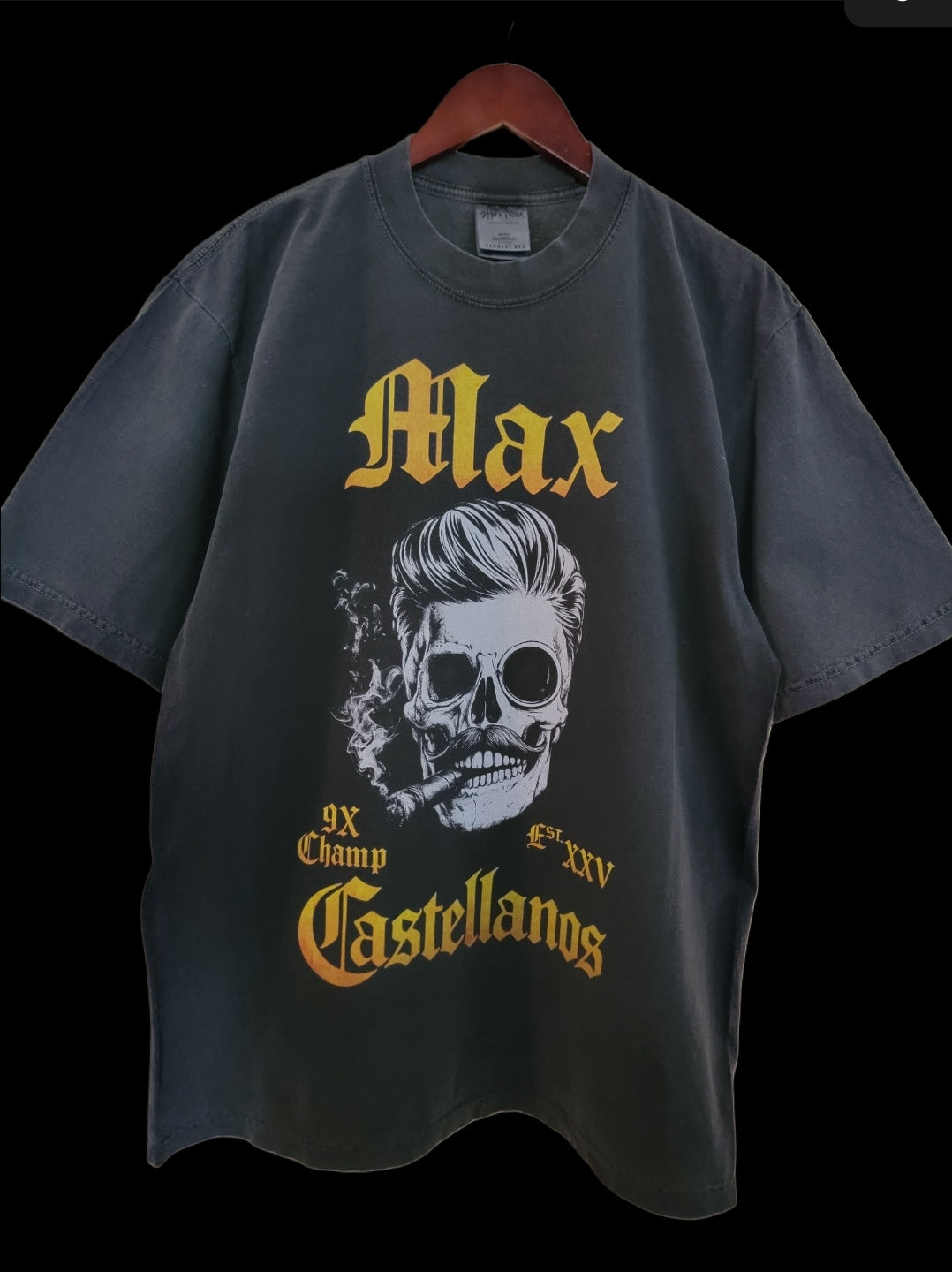 MAX CASTELLANOS 9X CHAMP ON SHAKA HEAVYWEIGHT GARMET DYED T SHIRT (WRESTLING