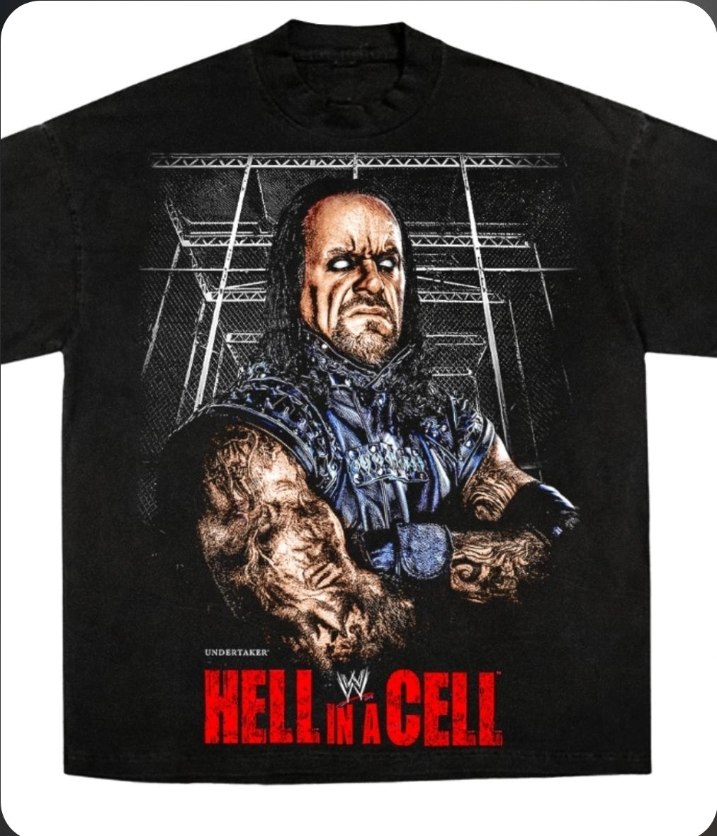 UNDERTAKER HELL IN A CELL ON SHAKA HEAVYWEIGHT GARMET DYED T SHIRT(wrestling