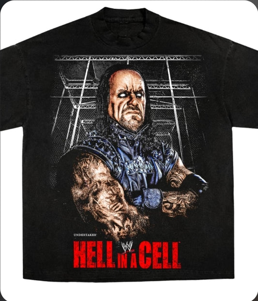 UNDERTAKER HELL IN A CELL ON SHAKA HEAVYWEIGHT GARMET DYED T SHIRT(wrestling